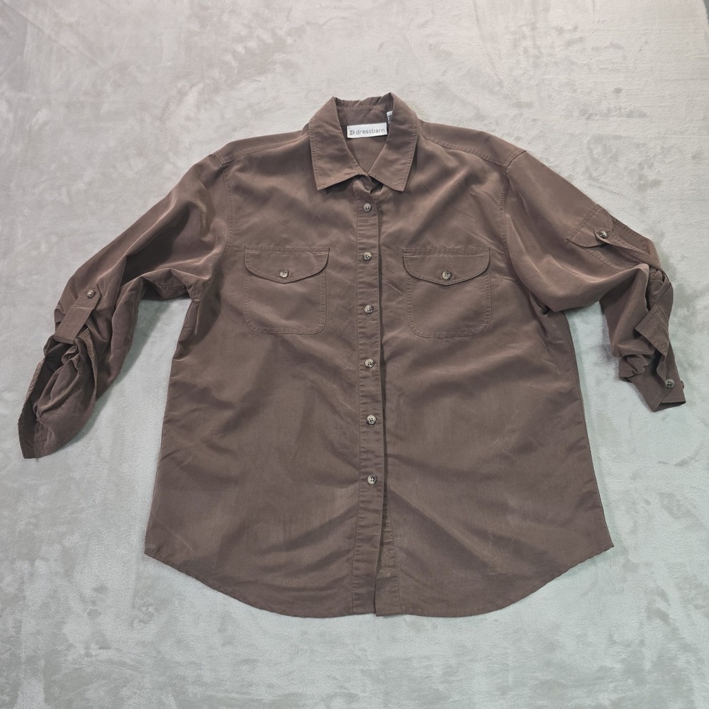 Dressbarn Women?s Brown Button-Up Shirt L Rayon Blend Roll Tab Sleeves